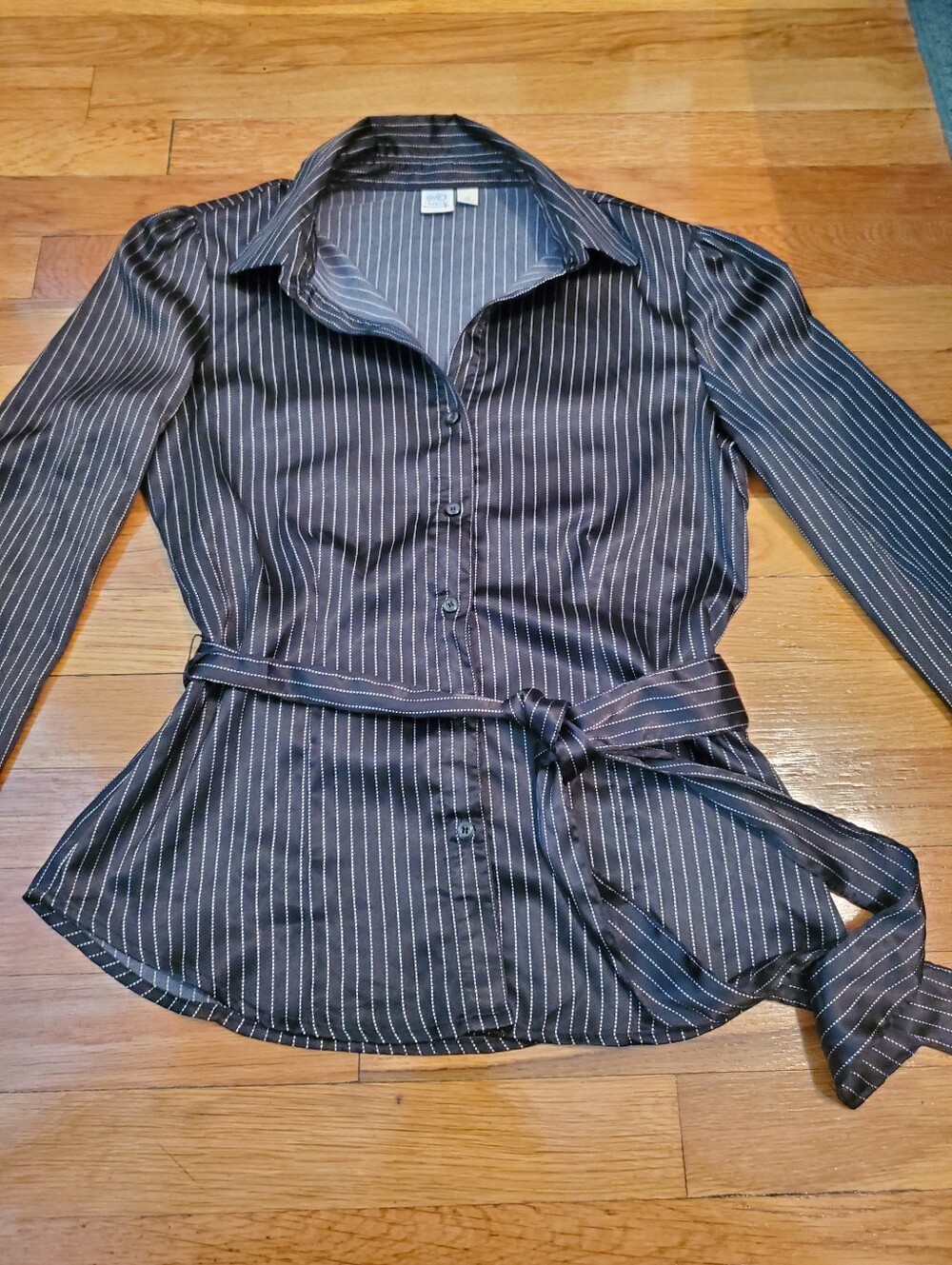 Black Pinstripe Button-Up Blouse with Waist Tie